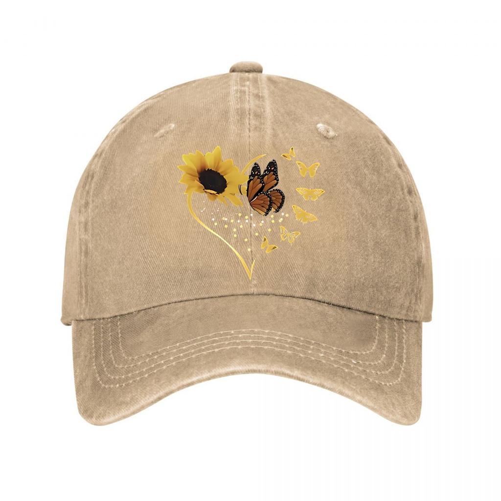 Golden Sunflower Butterfly Heart Wall Art New Vintage Washed Cotton Baseball Cap Parent Kids Sun Hats