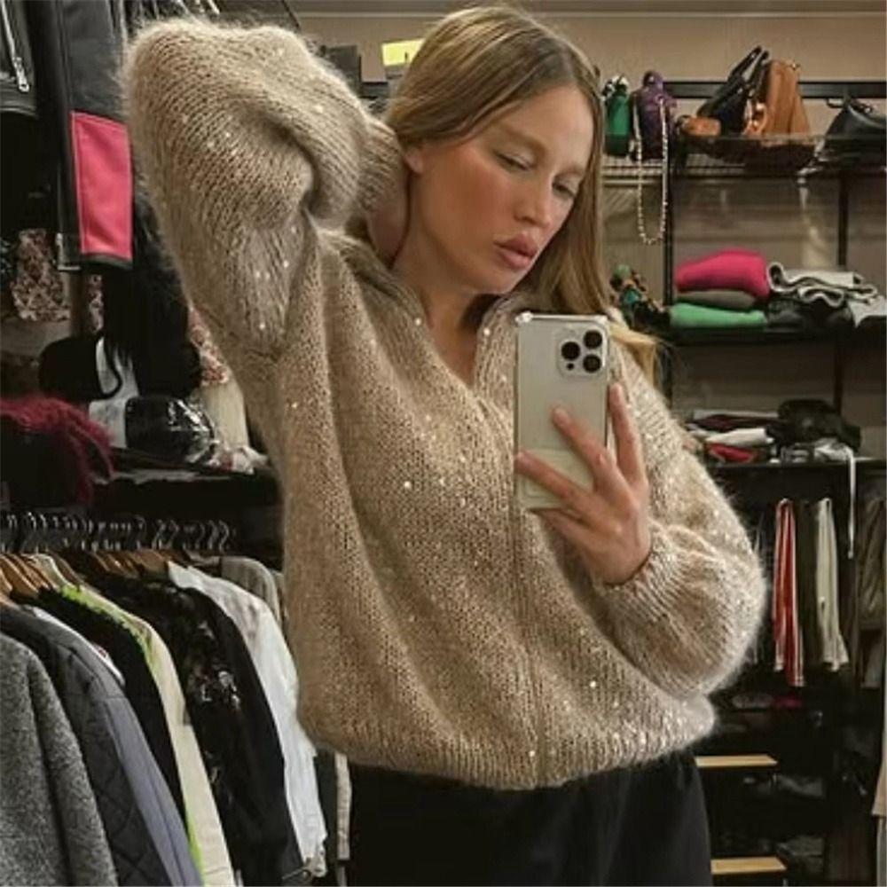 Sparkly Sequin Sequin Knitted Cardigan Stand Collar Long Sleeve Y2K Sweater Glitter Lapel Coat Autumn Winter