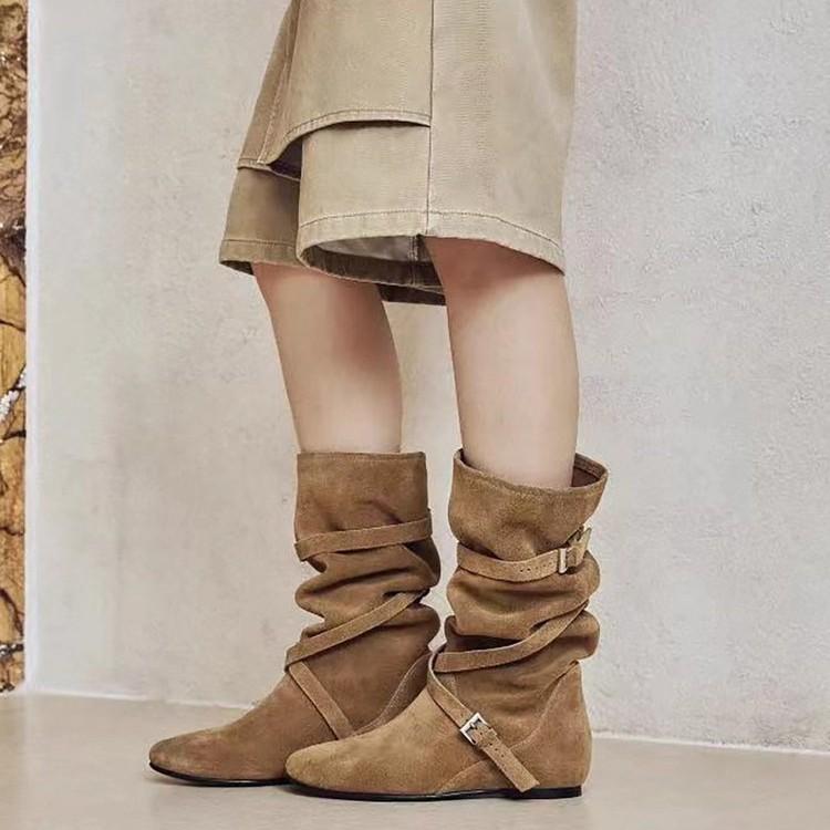 Height increase of 6cm~ 2025 autumn and winter new Korean knight boots round head buckle with soft folds and thin high boots for women