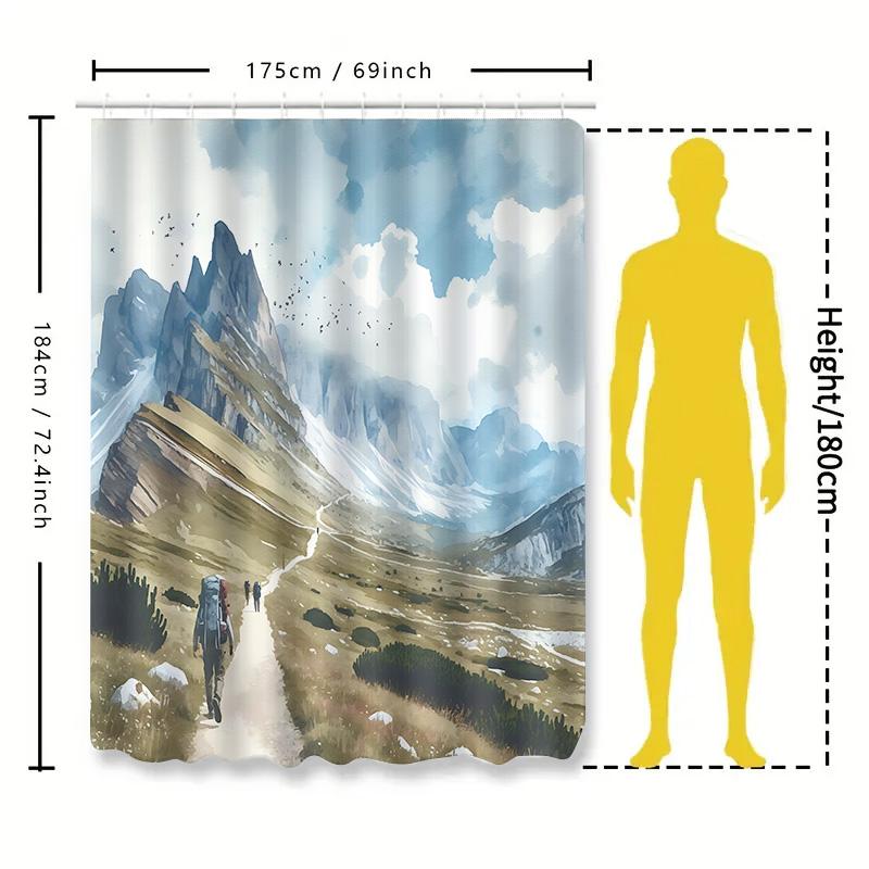 Watercolor Mountain Hiking Shower Curtain Nature Trail Art With Backpackers And Scenic View Bathroom Decor Waterproof Durable
