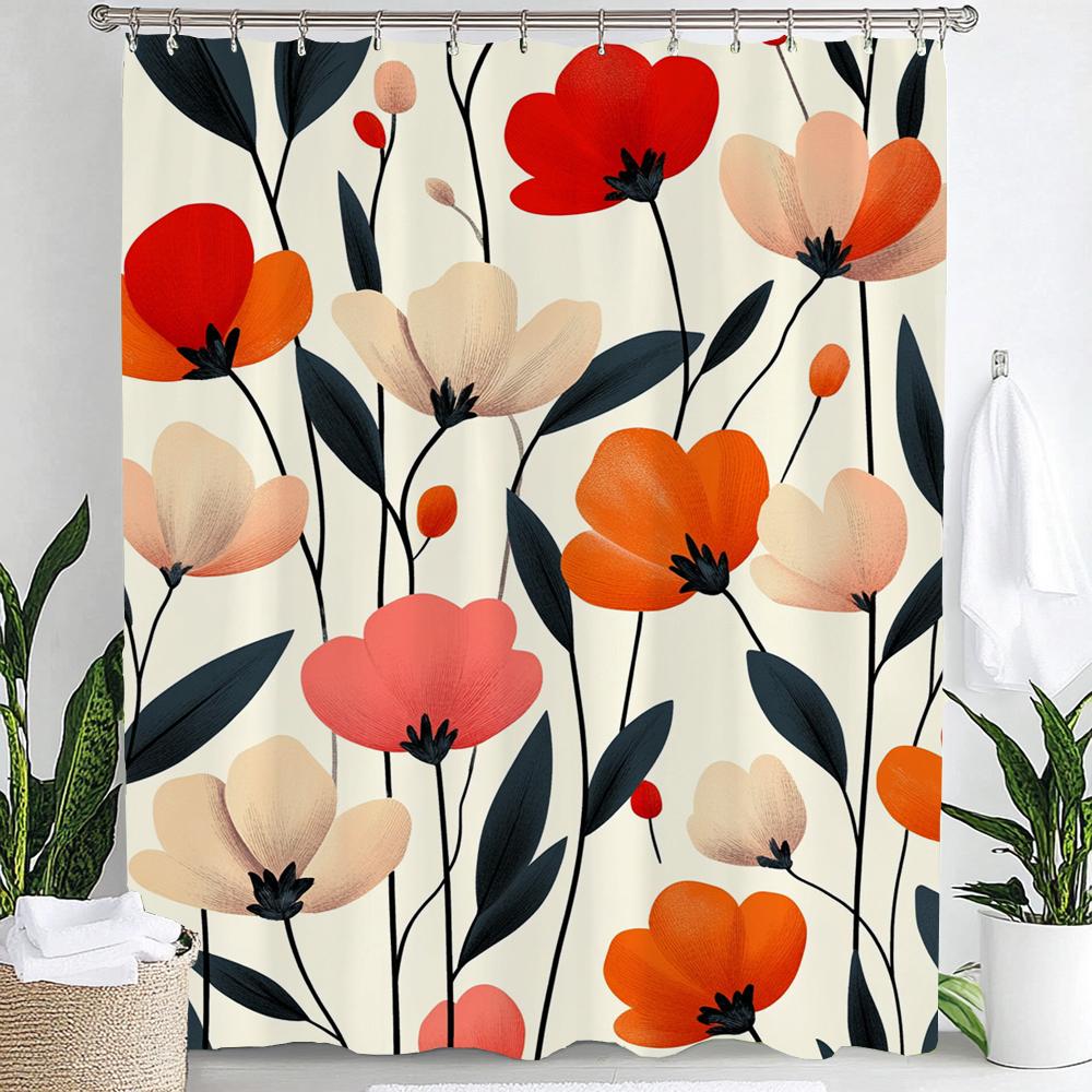 Watercolor Flower Leaves Printed Shower Curtain Partition Privacy Hanging Curtain With 12 Hooks Multiple Sizes Machine Washable