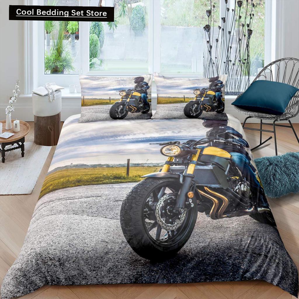 Dirt Bike King Queen Duvet Cover Motocross Sports Bedding Set Motorcycle Quilt Cover Youth Cool Black White Soft Comforter Cover