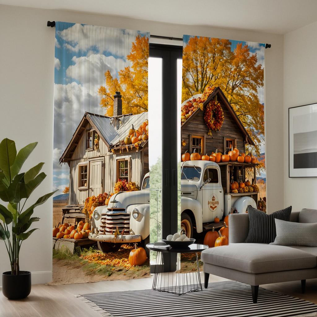 2 Stück HD Vintage Herbsternte Hintergrund Kürbis Bus Landhaus dekorativer Vorhang Gelber Bindeband digital bedruckter Vorhang Heimde
