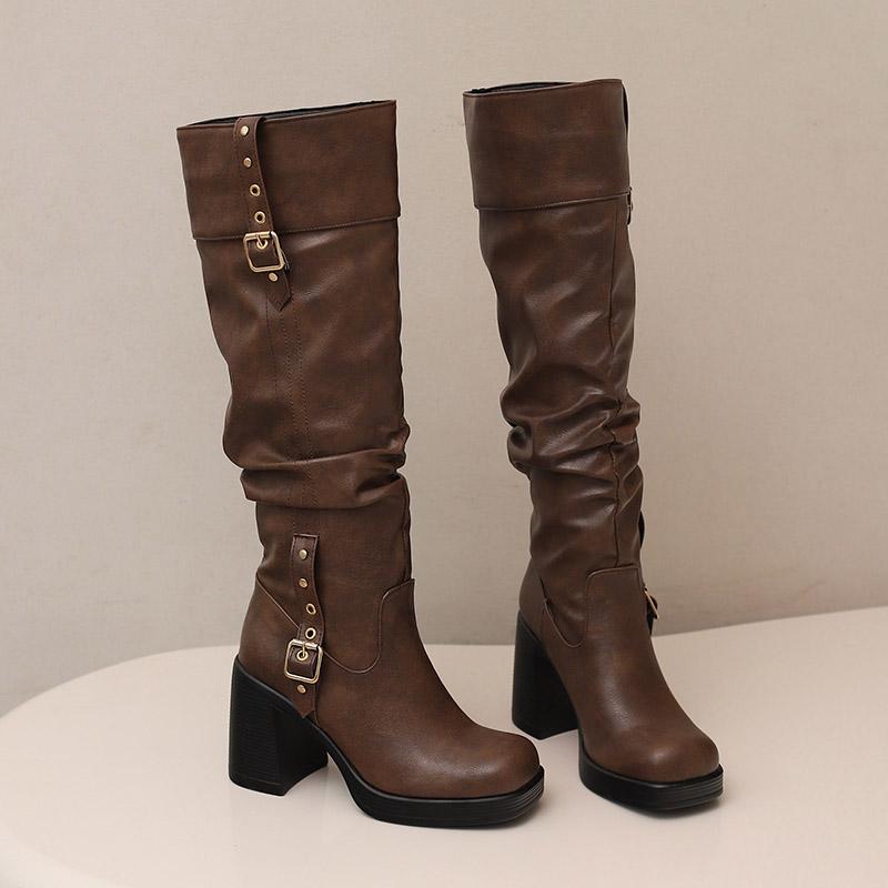 Women's High-heeled Boots Autumn and Winter Thick-heeled Large-size Casual Boots Roman Medium Boots