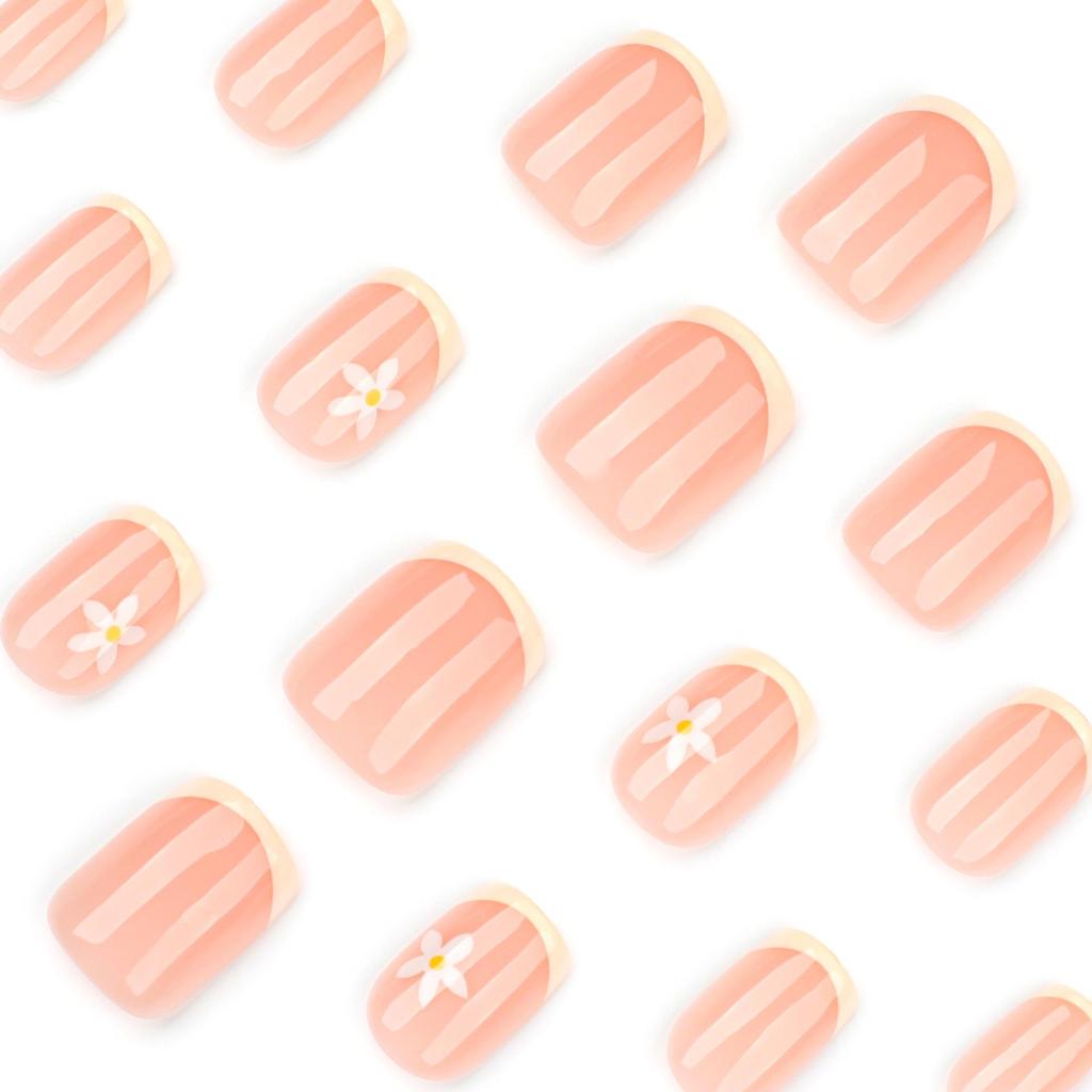 Fresh Bee Flower Yellow Short Square False Nails - French Style Wearable Nail Art Tips