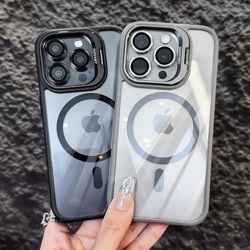 With Camera Glass Metal Lens Bracket Acrylic Clear Cover Magnetic Transparent Phone Case for Iphone 13 14 15 16 17Pro Max Cases