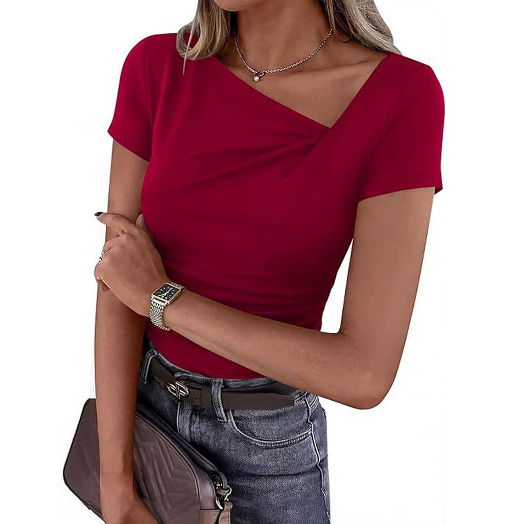 Women's Short-sleeved Asymmetric Collar Pleated Decorative Fitted Blouse Casual T-shirt Top