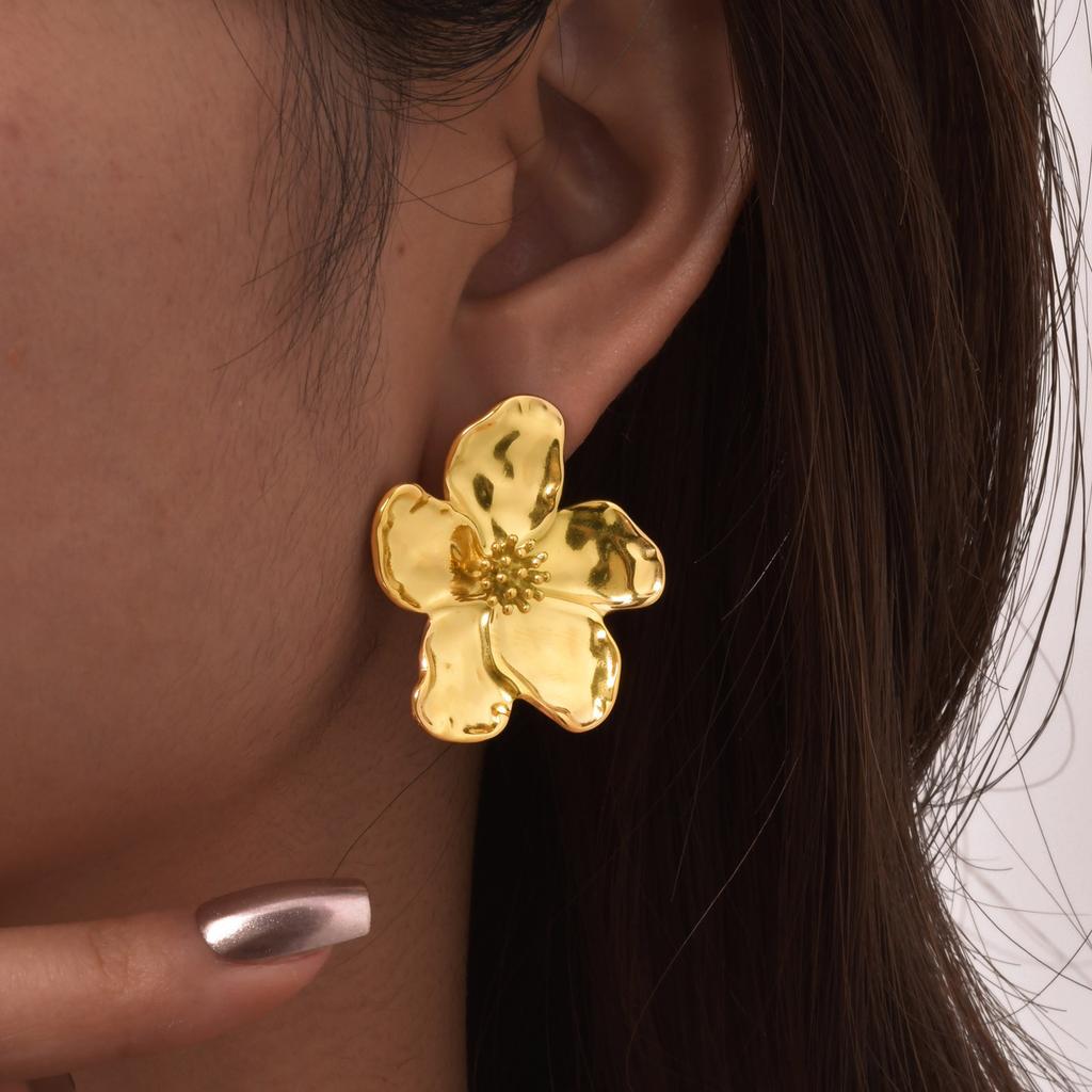 Flower Earrings Studs for Women Nickel Free, Chunky Stainless Steel Personality Big Pearl Floral Stud Earring Christmas Gift