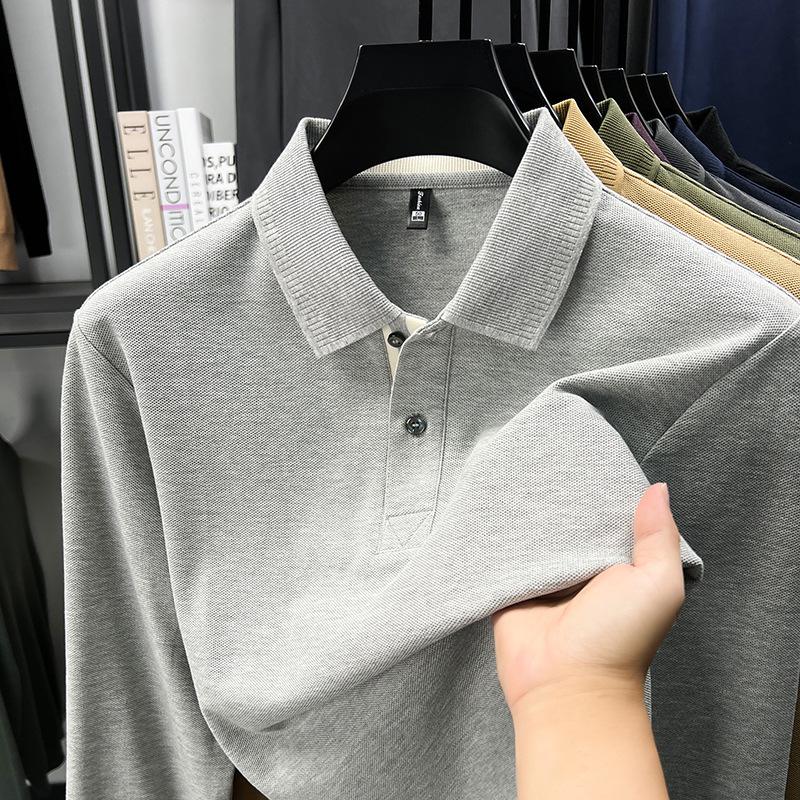 Cotton Long Sleeve Polo Shirt Men'S T-Shirt Loose Thin Breathable Versatile Fashion Premium Lapel Solid Color Men'S T-Shirt