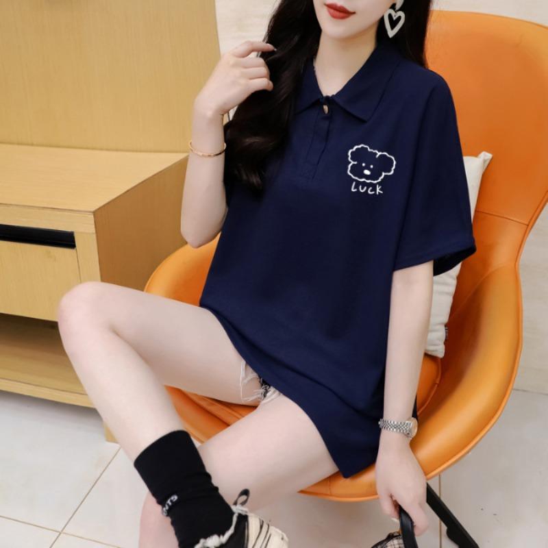 

Женский свободный топ с короткими рукавами и лацканами больших размеров 3XL темно-синий