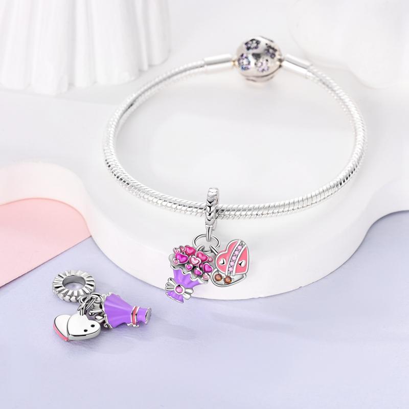 Pink Copper Flower Butterfly Baking Girl Charms Beads Fit Original Bracelet For Women Jewelry Making Gift