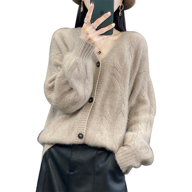 Women's Thickened Cashmere Cable Knit V-Neck Cardigan Sweater