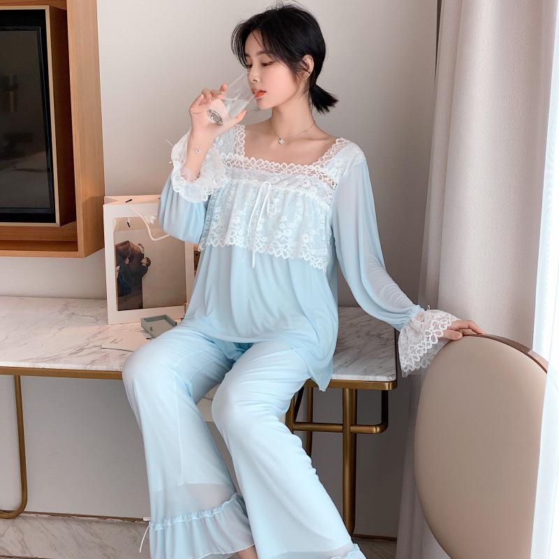 French Vintage Lace Women Pajamas Two-piece Suits Women Long Sleeve Ruffles Pants Princess Sleepwear Relaxed Fit Leisure Home Suit