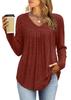 Women's V Neck Ribbed Knit Long Sleeve Tunic Top Pleated Front Curved Hem Casual Fall Blouse