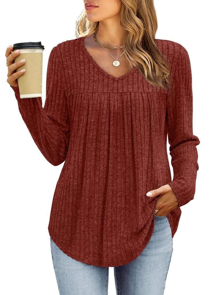 Women's V Neck Ribbed Knit Long Sleeve Tunic Top Pleated Front Curved Hem Casual Fall Blouse