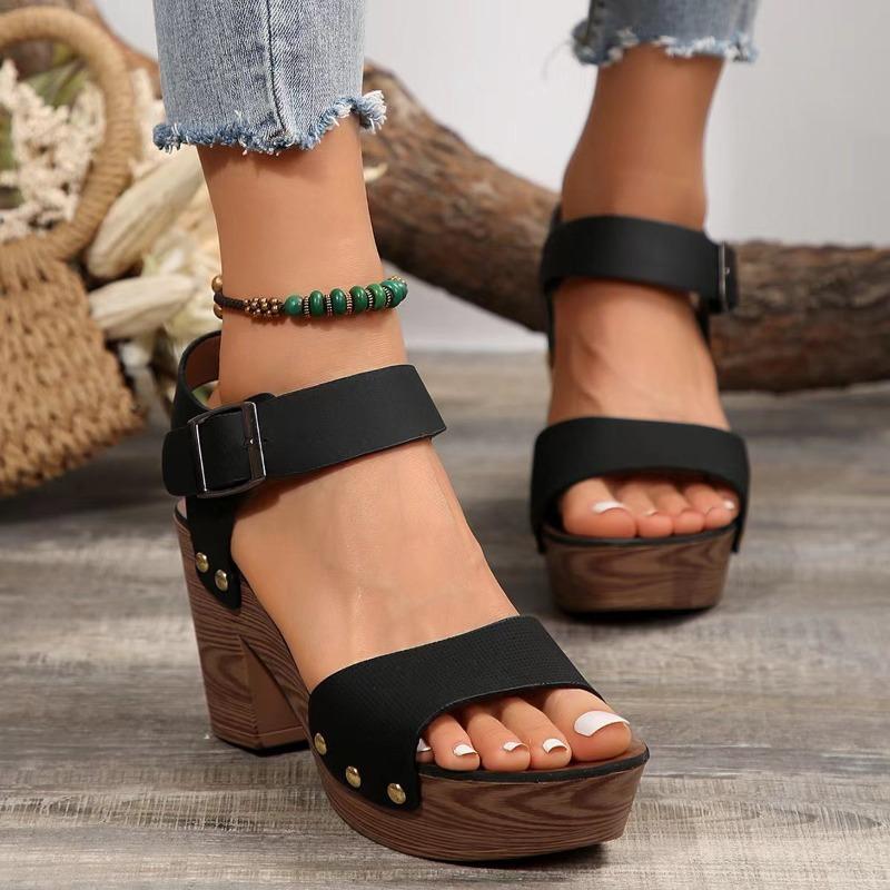 Summer New High-heeled Sandals Women's Shoes One-word with Fish Mouth Sandals Belt Buckle High-heeled Casual Sandals
