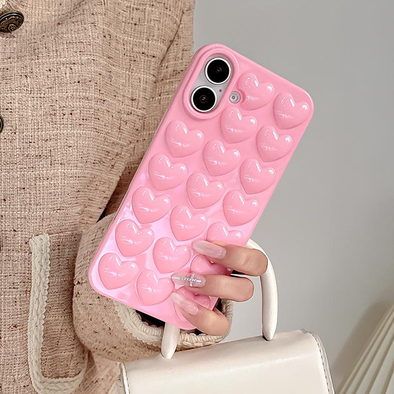 Pink 3D Bubble Pop Heart Cute Girly Phone Case For iPhone 17 Air 16 15 14 Plus 13 12 11 Pro Max Soft Silicone Back Cover Funda