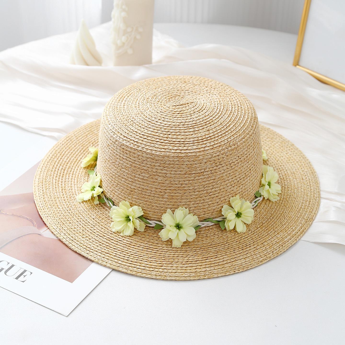 

Spring Summer French Countryside Floral Vine Yellow Wreath Straw Hat Daily Chic Beach Hat Vacation Travel Sun Hat 56-58cm бежевий