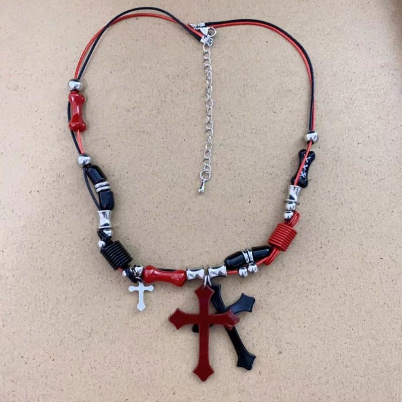 Subculture Rock Beaded Necklace Niche Retro Black Red Crossed Pendant Bead Acrylic Necklace Summer Bead Necklace Jewelry