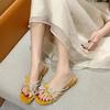Fashion Pearl Bow Open Toe Slippers for Women Summer Outside French Small Round Toe Rhinestone Block Heel Sandals