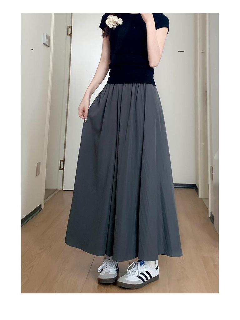2025 Summer Women's Blue A-Line Pleated Midi Skort with High Waist and Wide-Leg Design