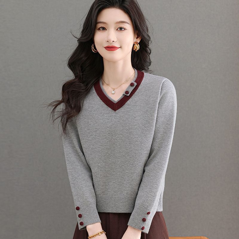Sweater Women's Color-blocking Short Fashionable V-neck Base Shirt Top