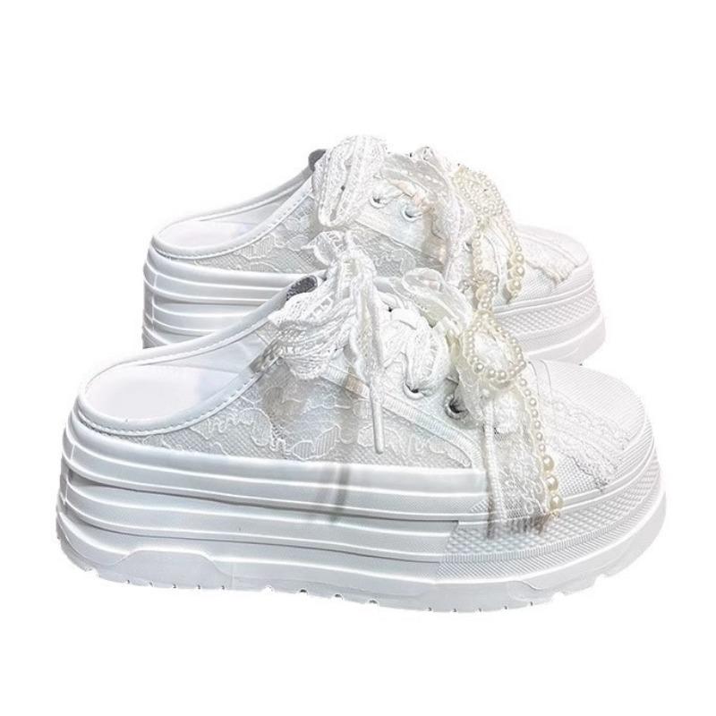 Leather bag head half slippers women's outer wear summer new small thick bottom heightening pearl lace sandals