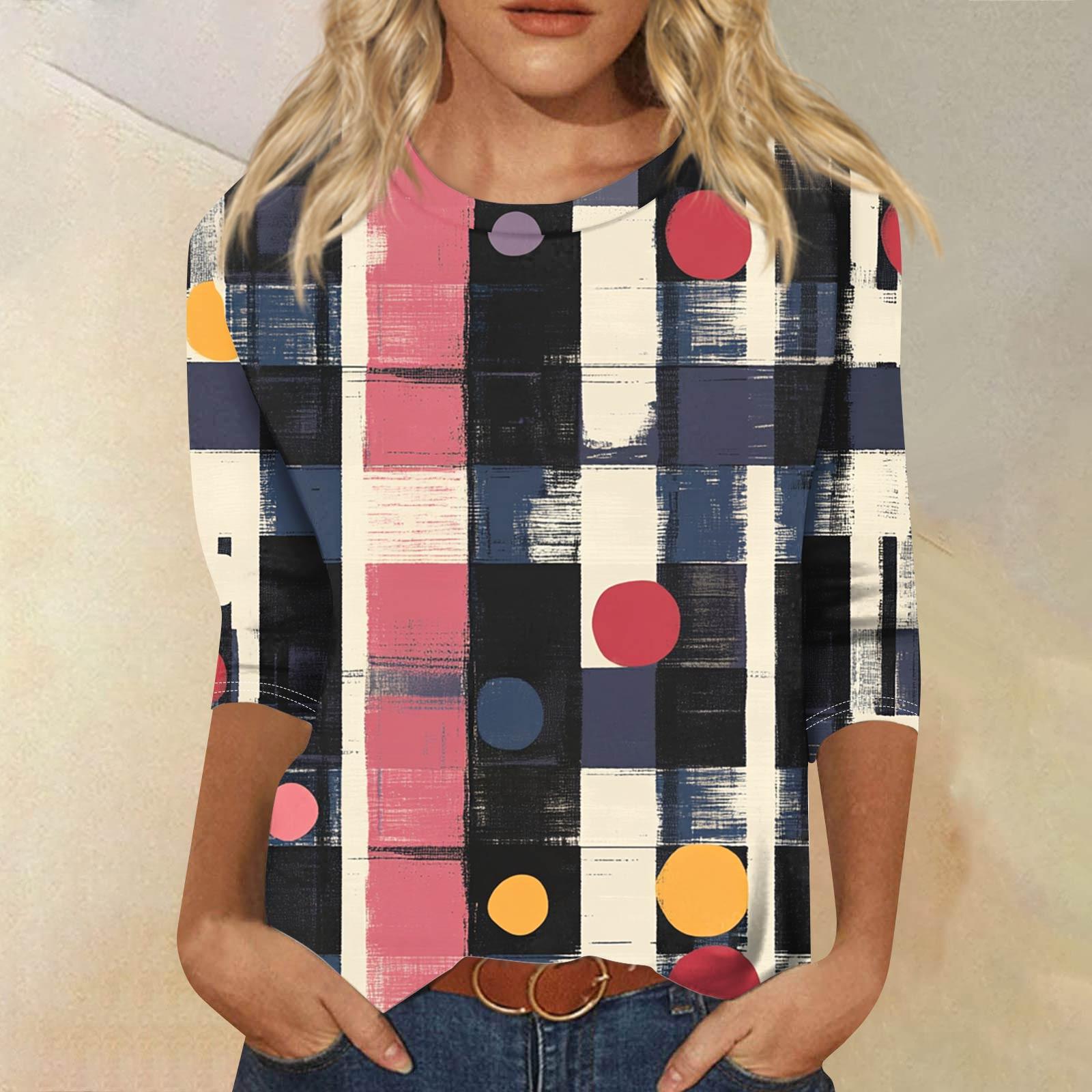 

Женская модная повседневная футболка с рукавом семь восьмых, принтом и круглым вырезом S тёмно-синий