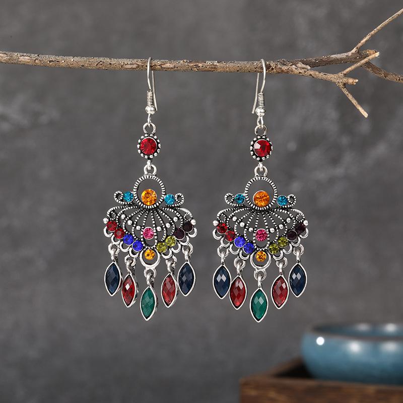 Ethnic Boho Vintage Drop Earrings For Women Geometric Hollow Crystal Blue Red Green Black Dangle Bohemian Wedding Earings Bijoux