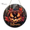 Fall Seasonal Door Hanger Halloween Wooden Sign, Flame Pumpkin Maple Leaf Printed Round Hanging Plaque, Wall for Shop Window Waterproof Decorative