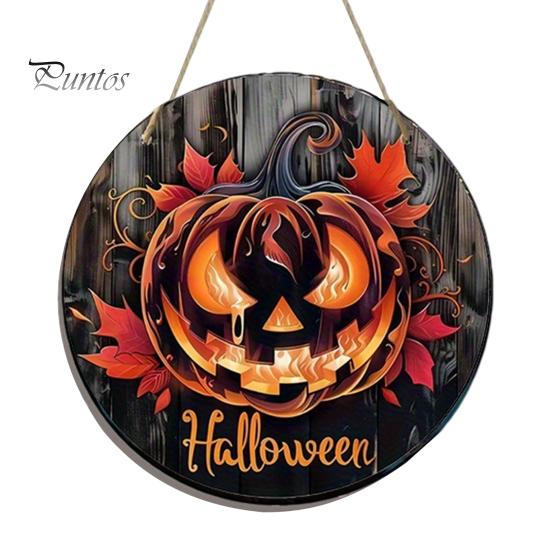 Fall Seasonal Door Hanger Halloween Wooden Sign, Flame Pumpkin Maple Leaf Printed Round Hanging Plaque, Wall for Shop Window Waterproof Decorative