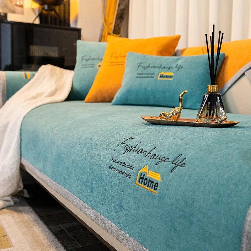 Новые буквы и вышивка, диванное полотенце, синель, нескользящий универсальный чехол для дивана, съемный, предотвращает царапины на диване, коврик для домашних животных, подушка 70x70cm 1pcs