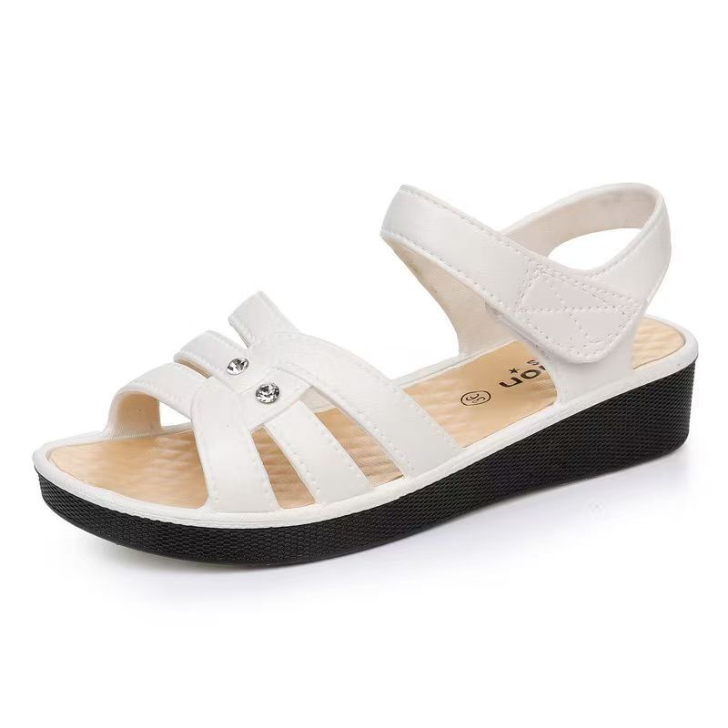 Women's Summer New Wedges Hollow Out Sandals Open Toe Thick Sole Non Slip Light Velcro Washable Middle Aged And Elderly Sandals