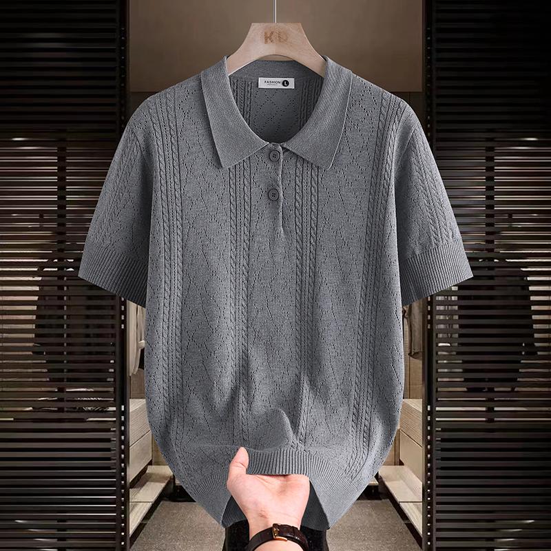 Men s Grey Cable Knit Short Sleeve Polo Shirt M