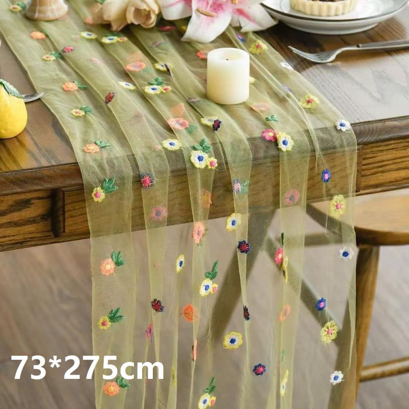 Embroidery Daisy Table Runner Floral Embroidered Lace Tulle Runner Colorful Flower Table Cover For Bridal Shower Birthday Party