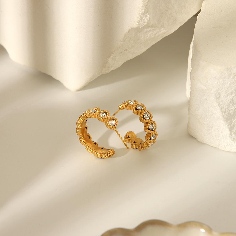 18K Light Luxury Stainless Steel C-Shaped Zircon Women's Stud Earrings, Non-Fading