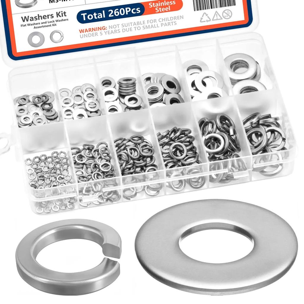 260PCS Stainless Steel Washer Kit – M3-M10 Lock & Flat Washers Set