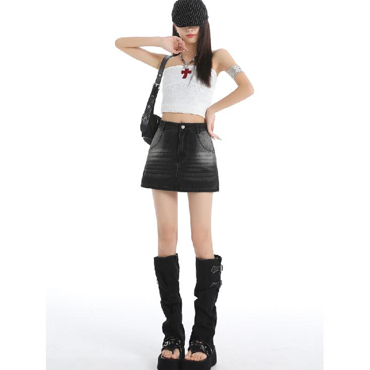 Blue Denim A- Line Mini Skirt Women'S High Waist Slimming Summer New Style Prevent Exposure Personality Wrap Around Short Skirt