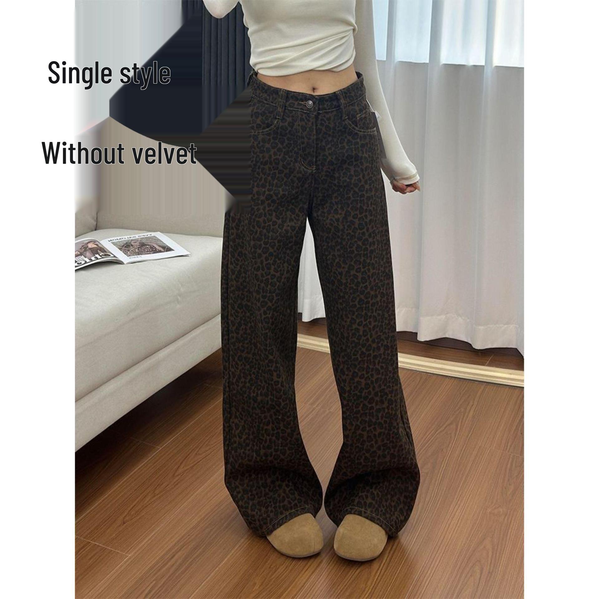 Women s American Retro Leopard Print High-Waist Wide-Leg Jeans with Plus Velvet Thinning. L