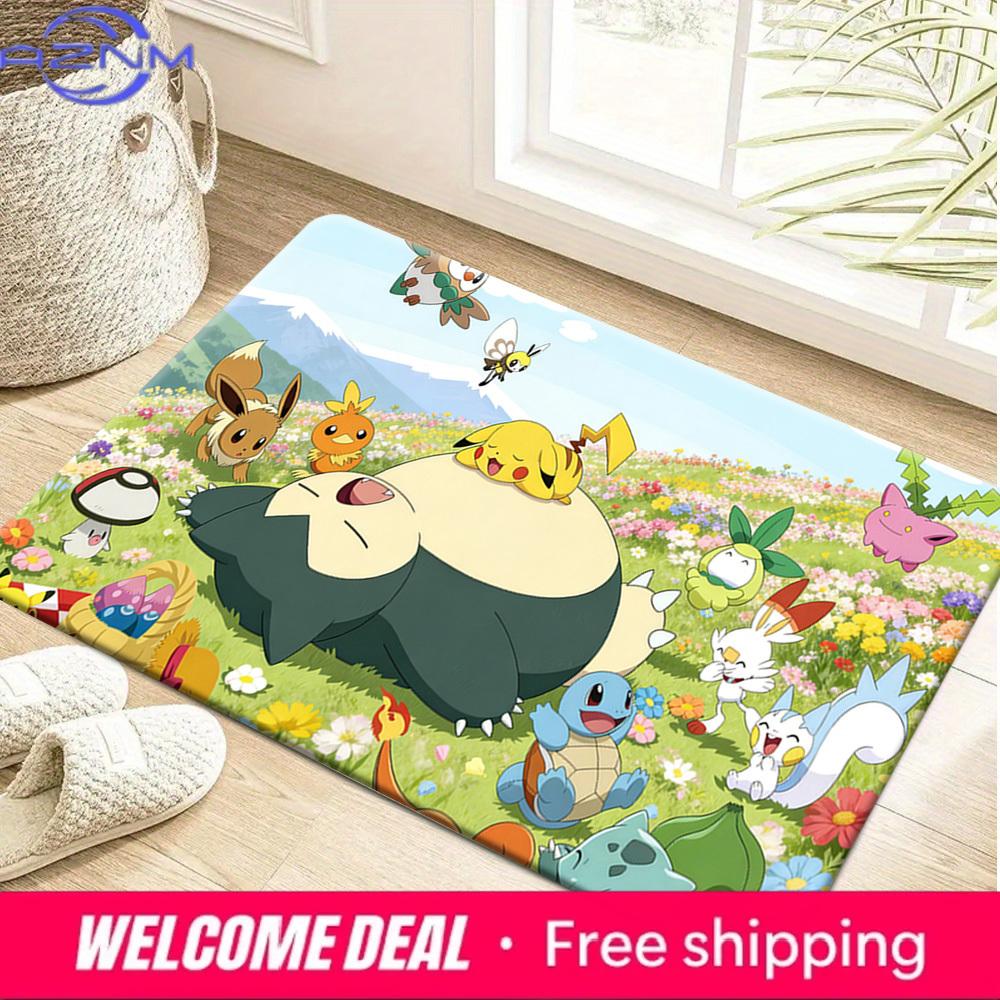Pokemon Snorlax Pikachu and Friends Flower Field Print Non-slip Doormat, Soft Absorbent Floor Rug for Home Decor 40x60cm