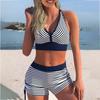 Women's Striped Three-Piece Swimsuit Set for Beach, Vacation, or Leisure Use