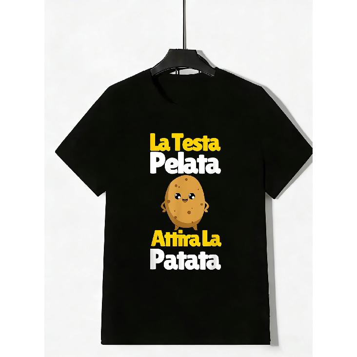 Black T Shirt with La Testa Pelata And Potato Graphic for Casual Wear