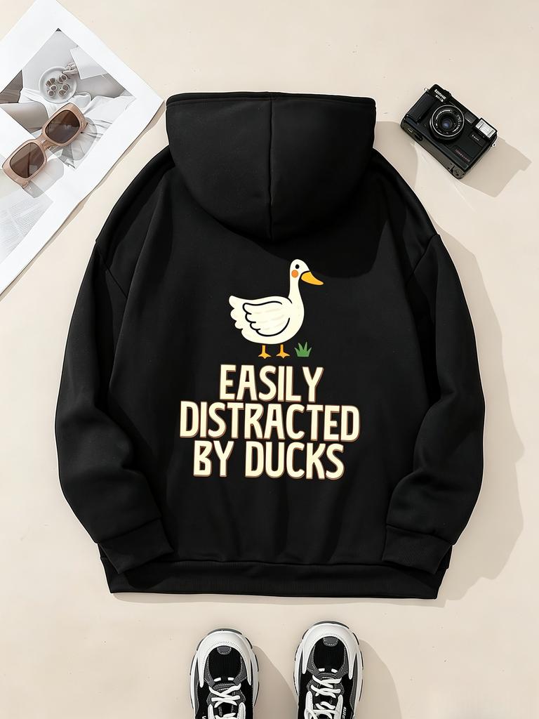 Unisex Fall Autumn Letter Slogan Duck Print Kangaroo Pocket Graphic Hoodie Hooded Sweatshirt Print Casual Top for Daily Wear Week