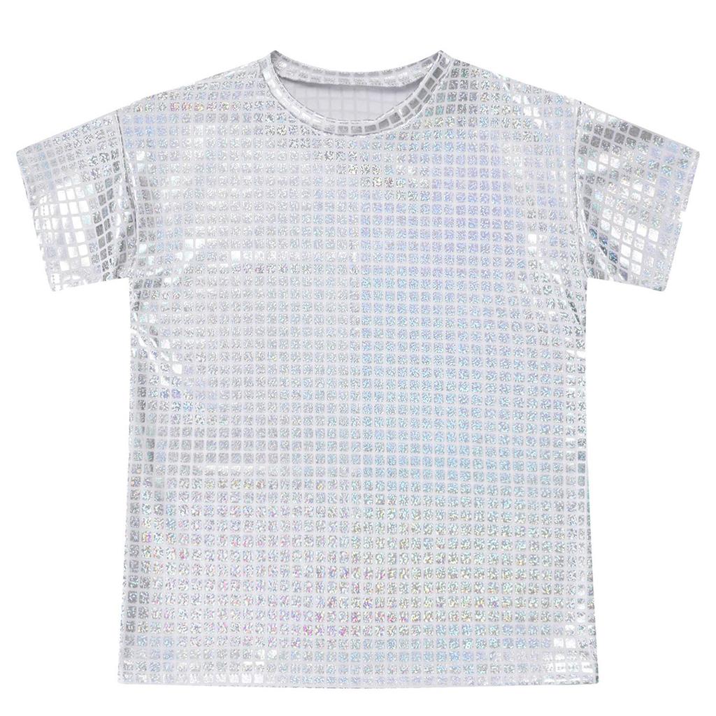 Unisex Kids Shiny Plaid Sequins T-shirt Round Neck Short Sleeve Cheerleading Dance Top