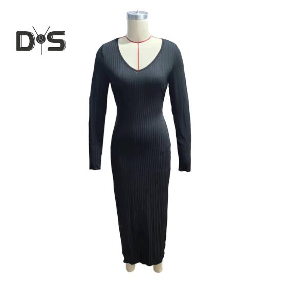 Fall Winter Women Dress V Neck Threa Loose Long Sleeves Solid Color Knitted Slim Waist Maxi Dress Stretchy Casual Dating Commuting Dress