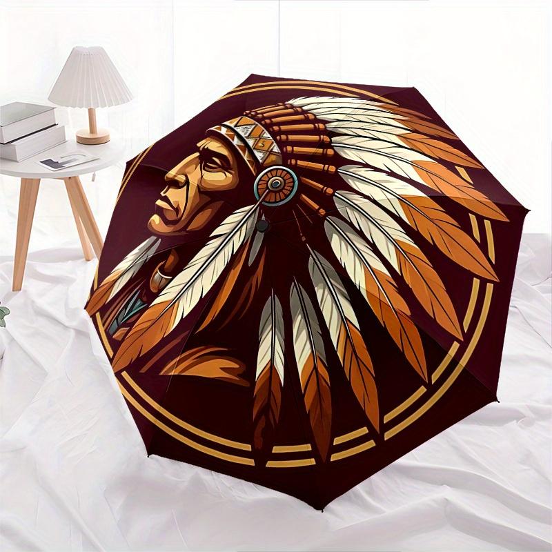 1pc Chief Feather Themed Umbrella, 8 Rib Frame,Automatic Opening 3 Fold Umbrella, Lightweight and Durable Couple Umbrella-190