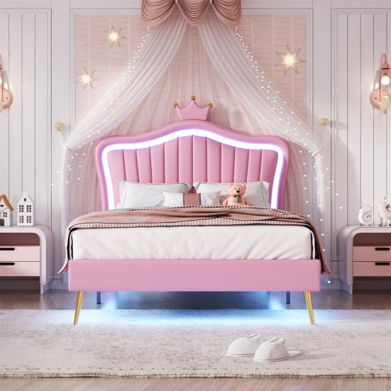Single Bed Crown Shape Children with Headboard LED Light Heavy Princess Duty Strong Carrying Capacity Girl Bedroom Furniture Upholstered