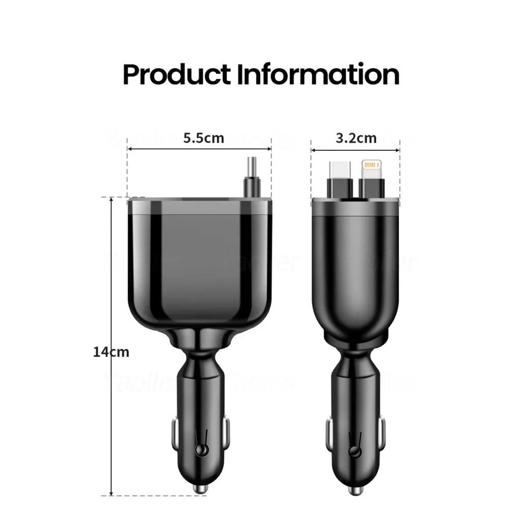 NEW 5-IN-1 100W Retractable Car Charger Mobile Phone USB PD Type C Cable for IPhone Fast Charge Cord Car Socket Adapter