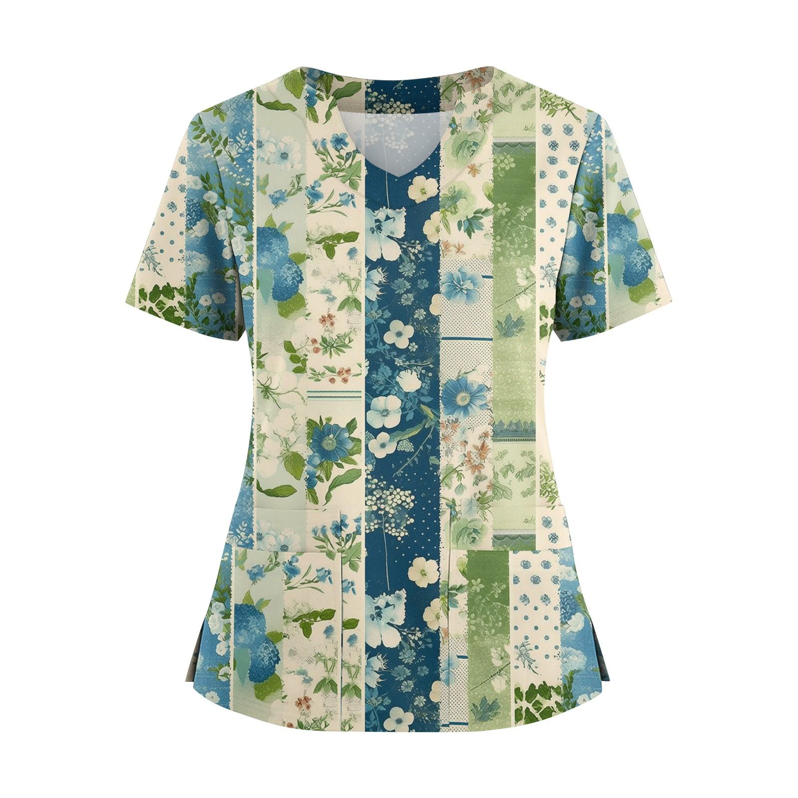 Women s Printed Floral V-neck Loose Short Sleeved Shirt M