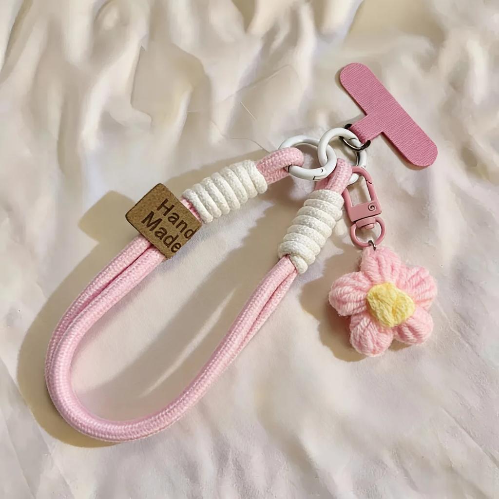 Hand-knitted Cell Phone Lanyard - With Flower Keychain Charm